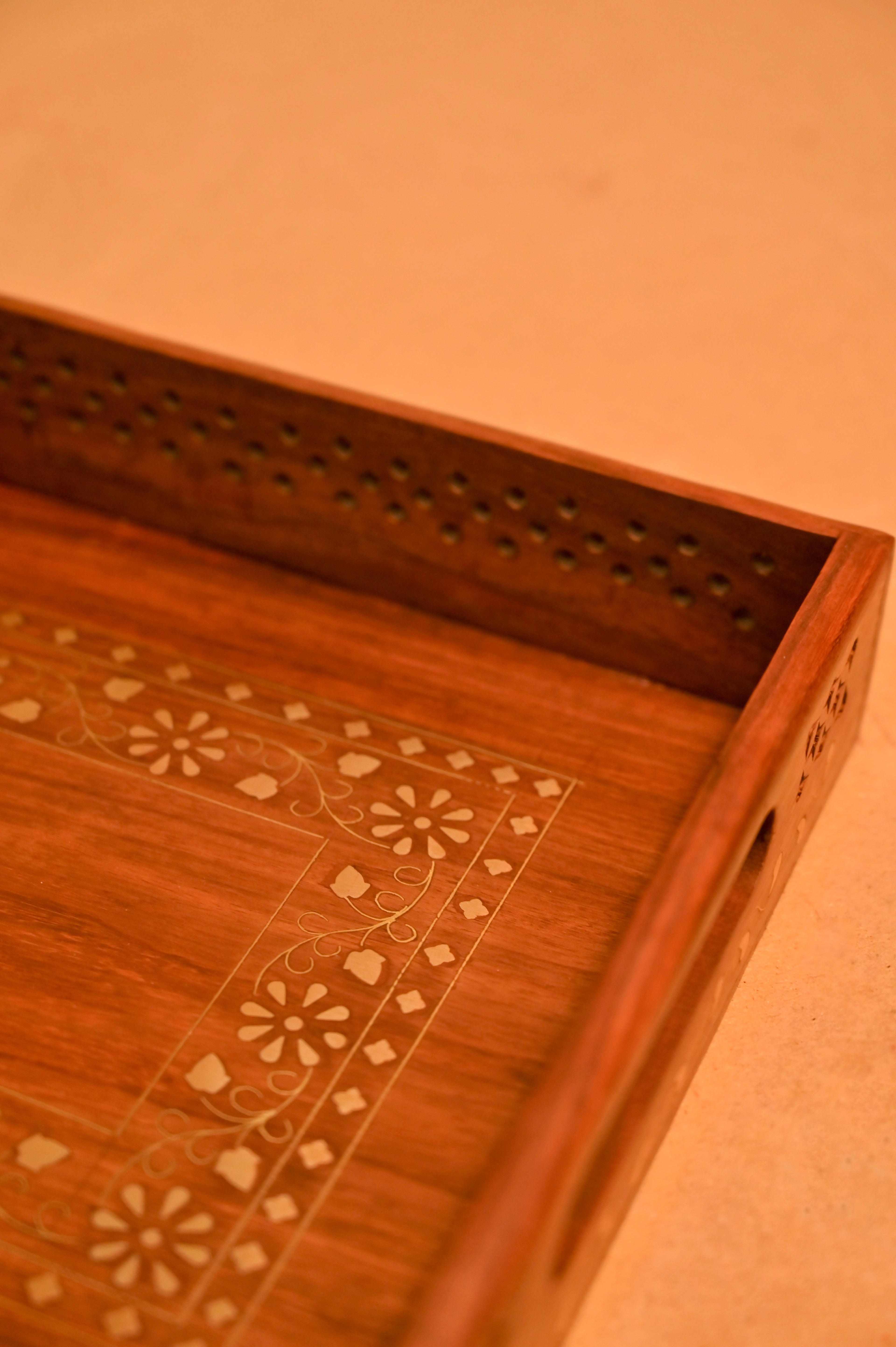 Handcrafted Wooden Serving Tray with Decorative Inlay Work