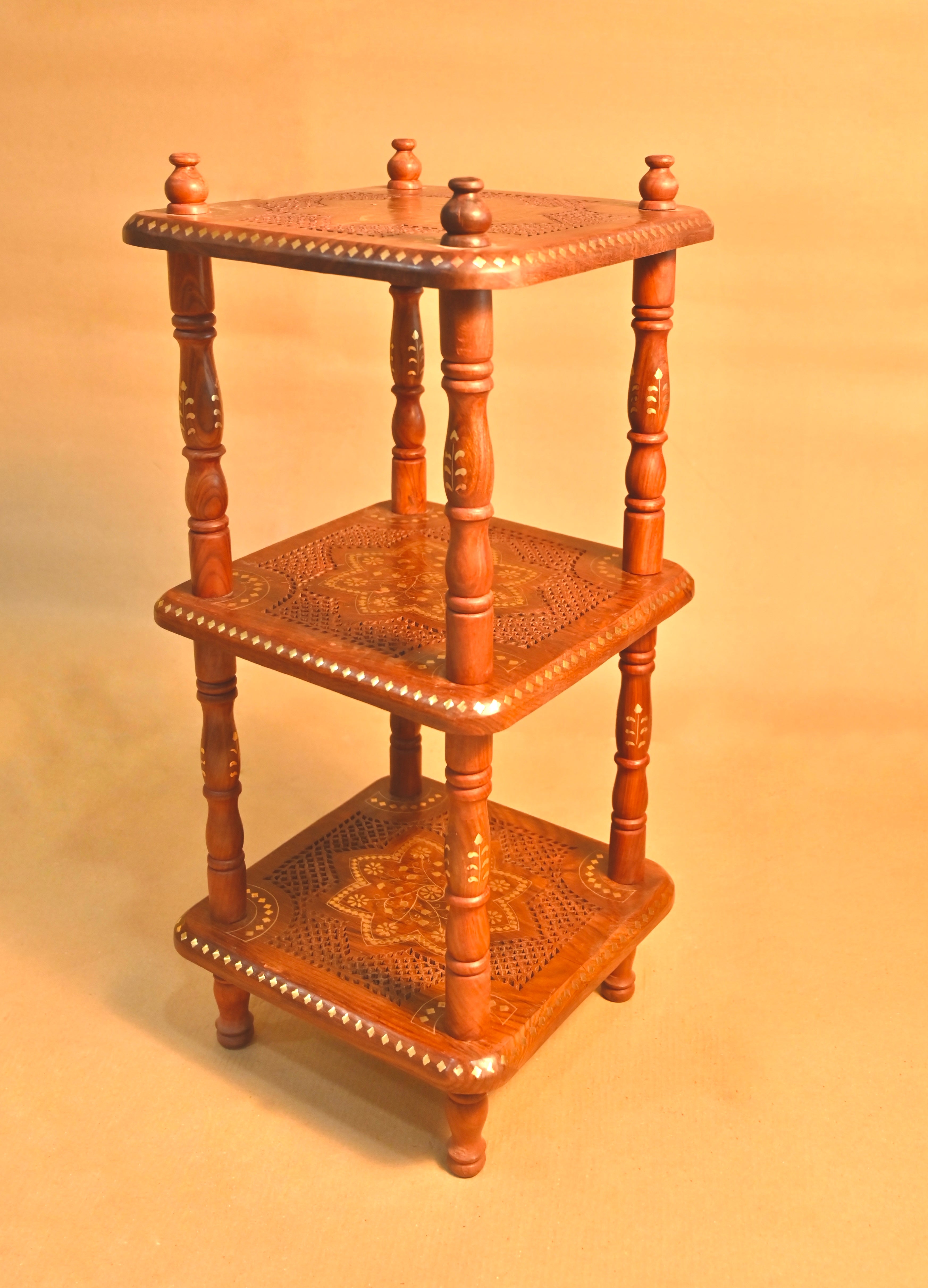 Handcrafted Sheesham Wood 3-Tier Display Stand