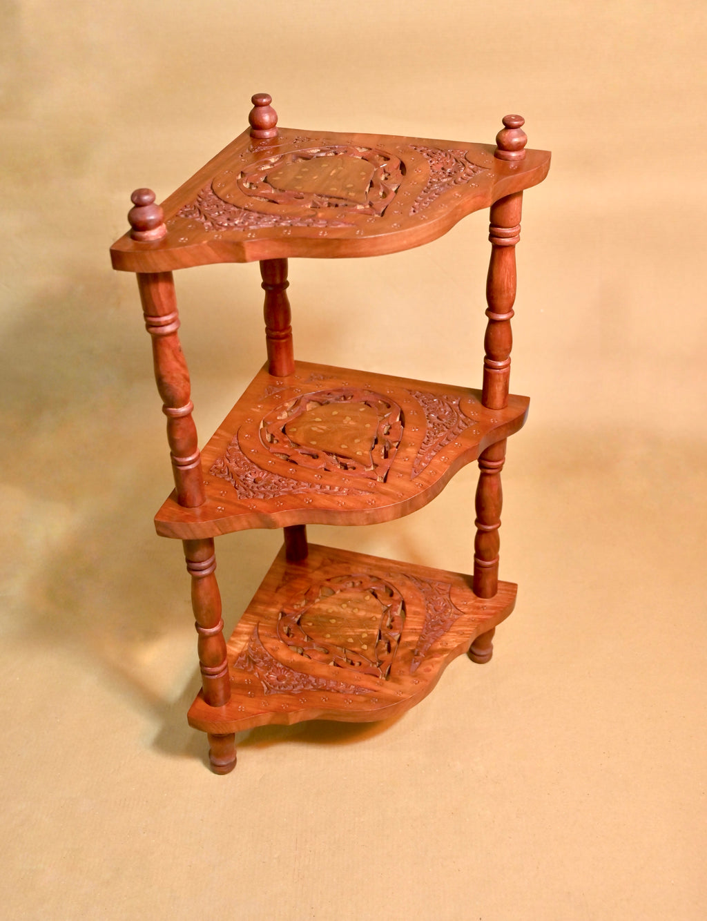 Handcrafted Sheesham Wood 3-Tier Corner Display Stand