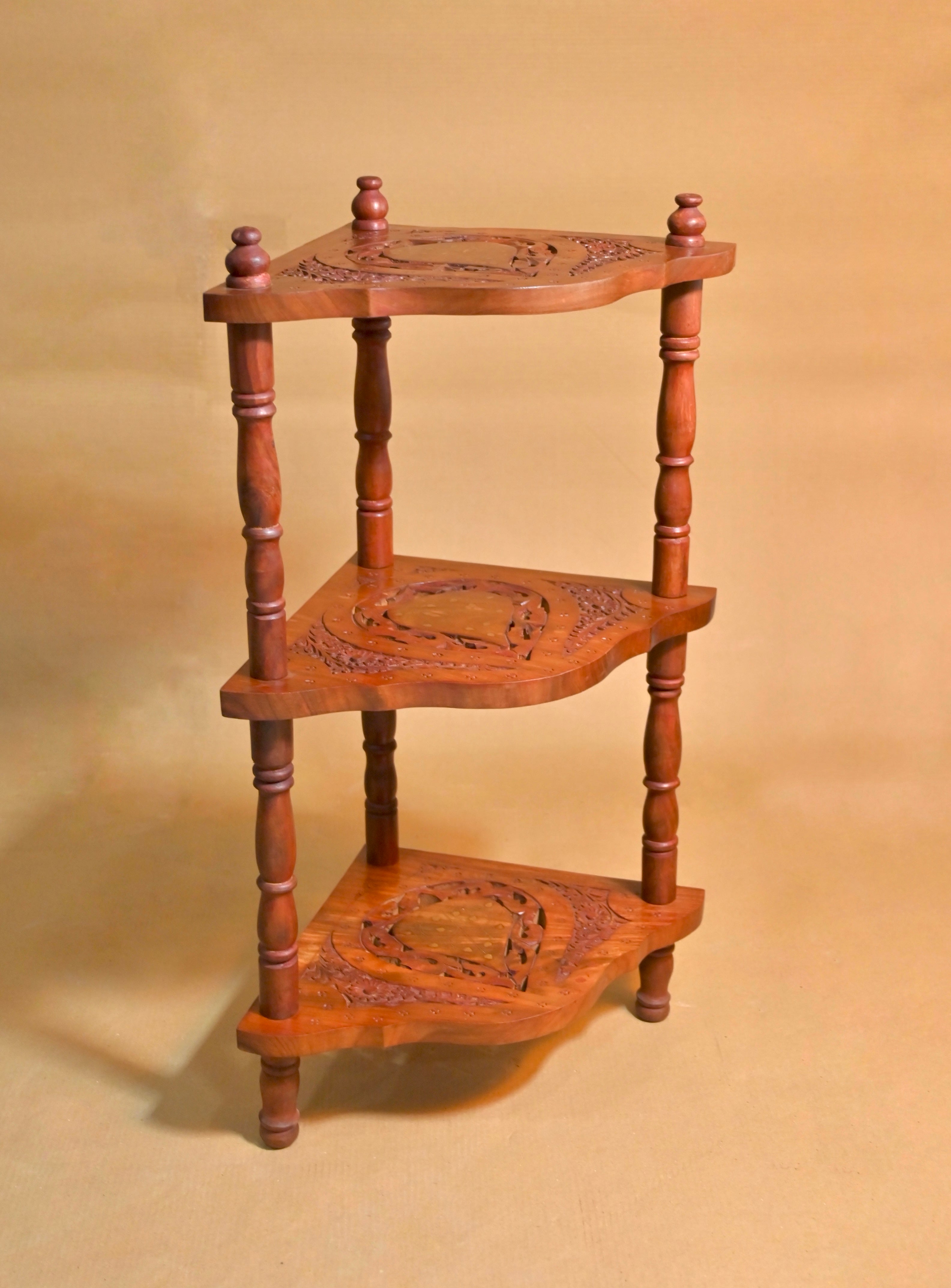Handcrafted Sheesham Wood 3-Tier Corner Display Stand