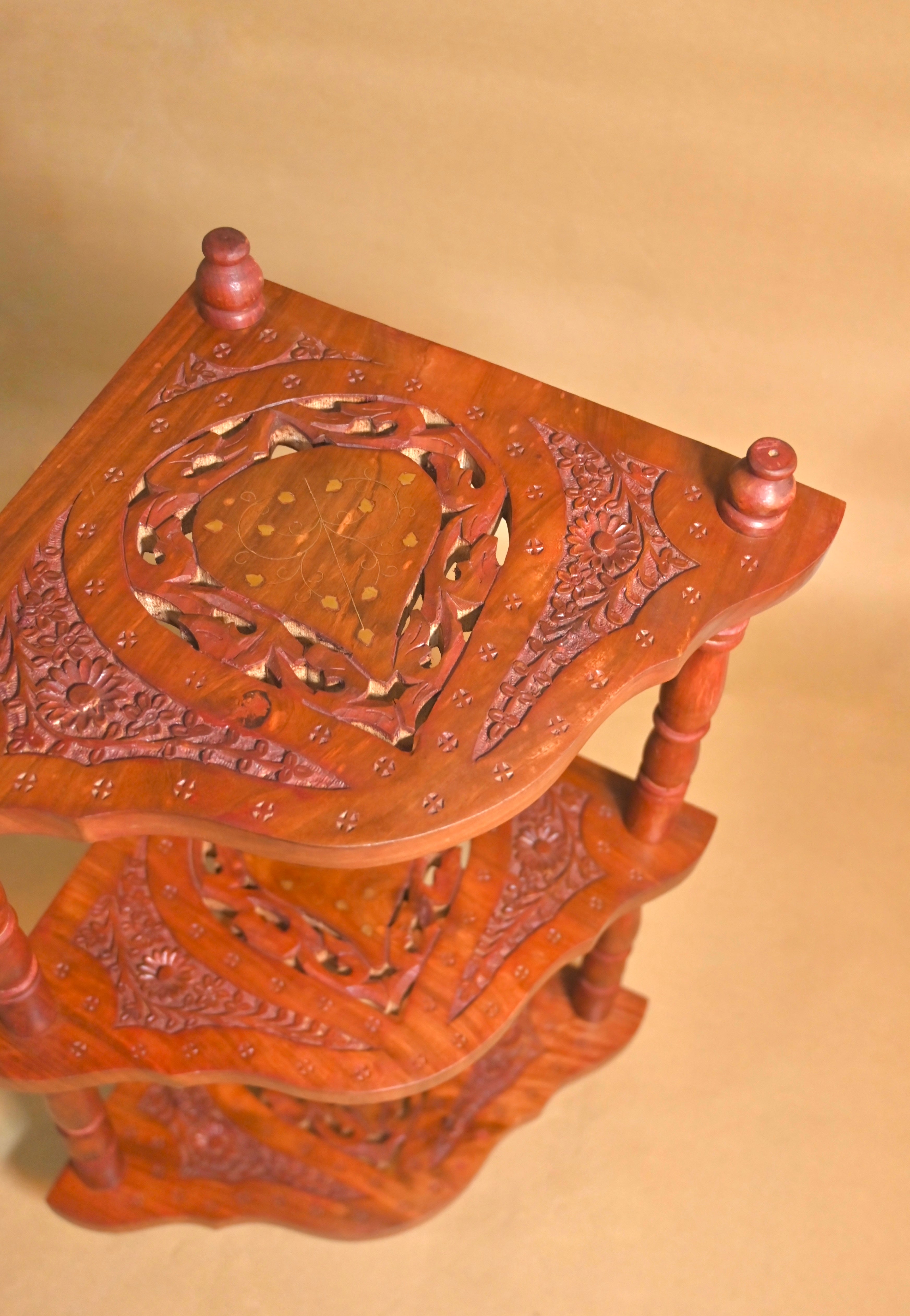 Handcrafted Sheesham Wood 3-Tier Corner Display Stand