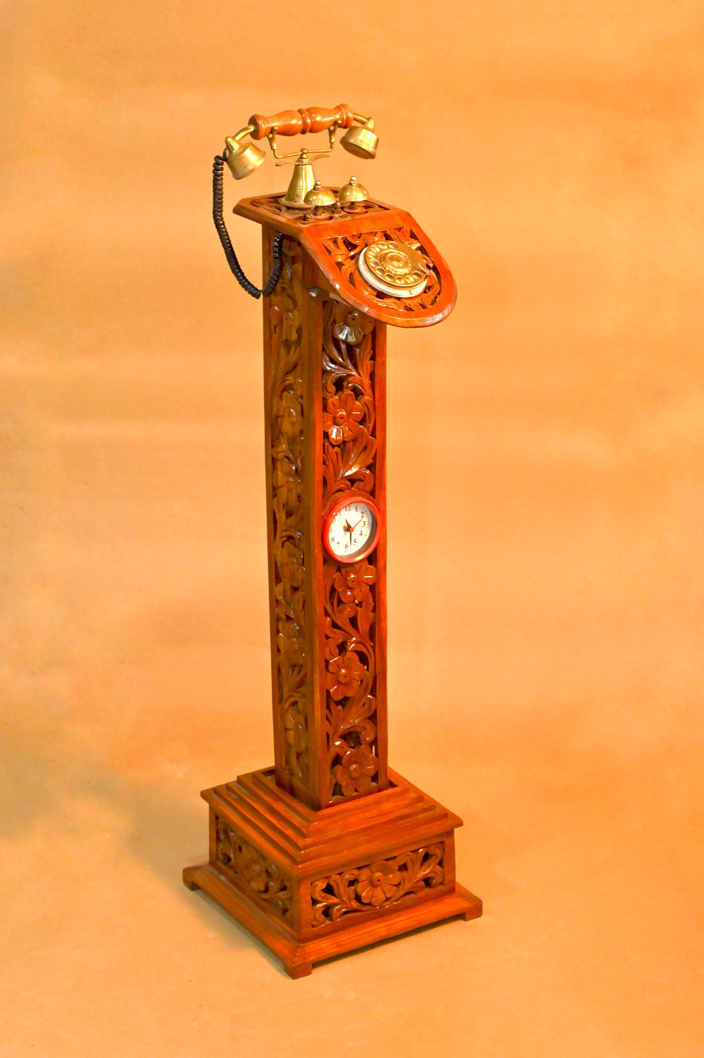 Handcrafted Wooden Carved Telephone Stand with Decorative Clock