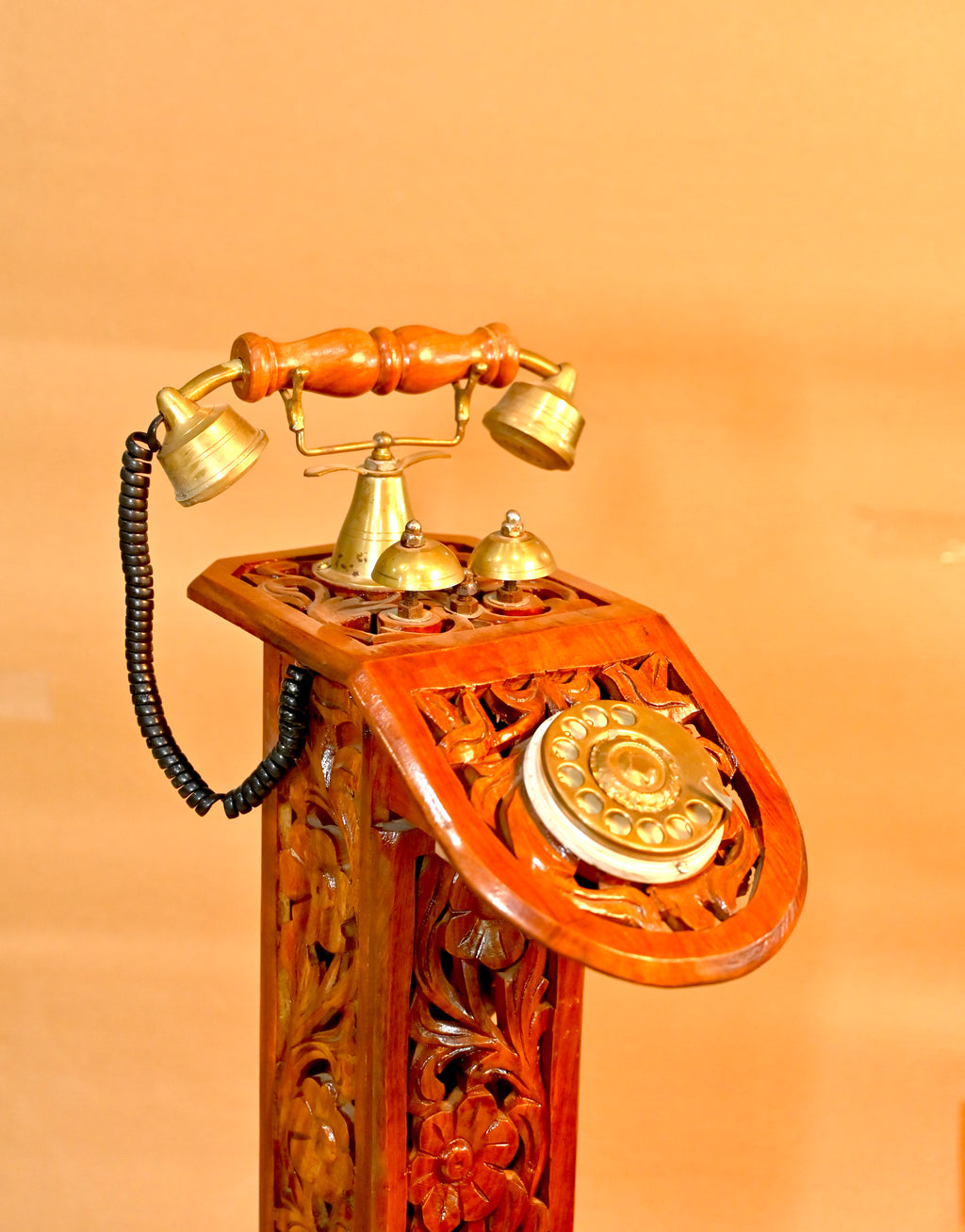 Handcrafted Wooden Carved Telephone Stand with Decorative Clock