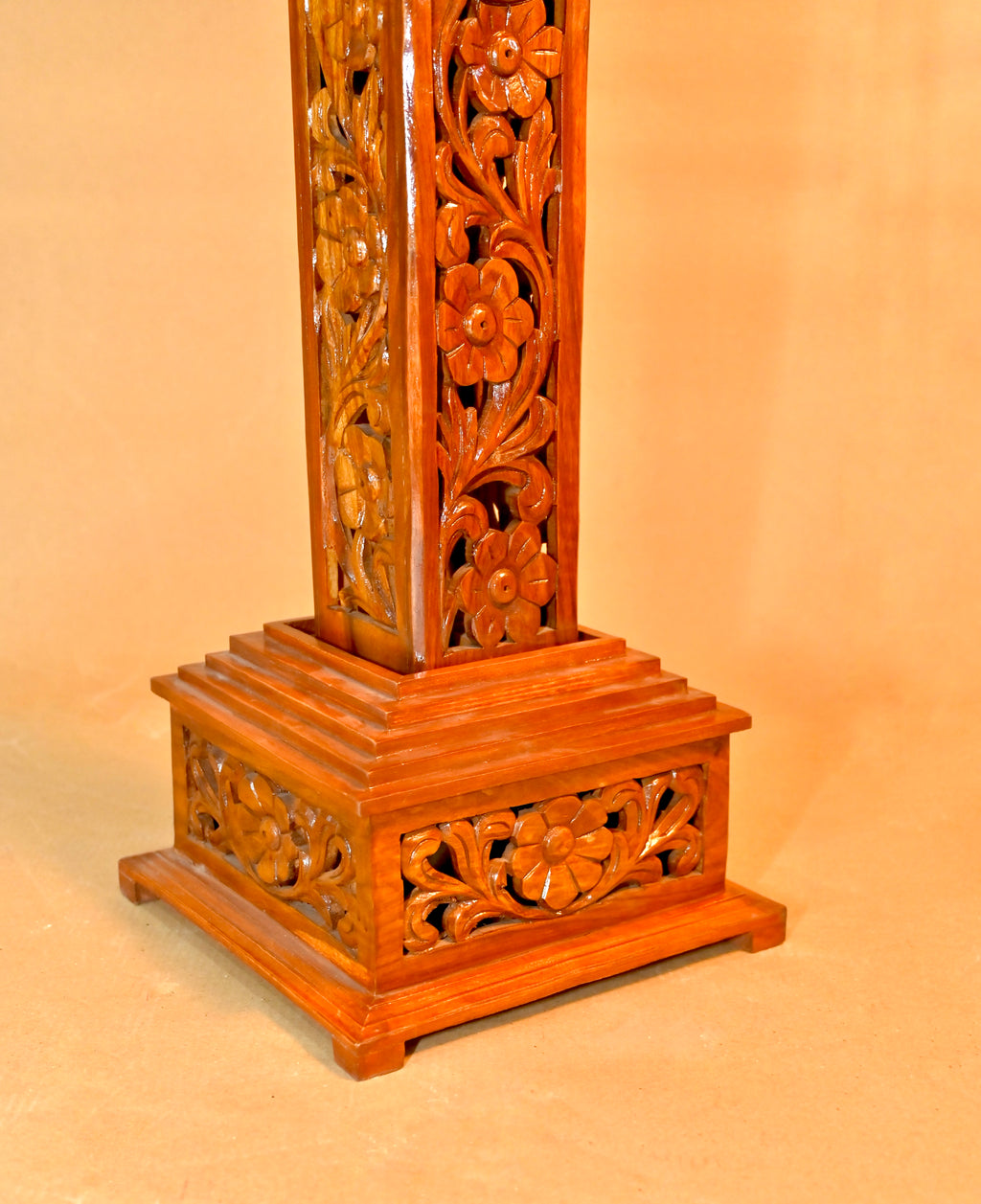 Handcrafted Wooden Carved Telephone Stand with Decorative Clock