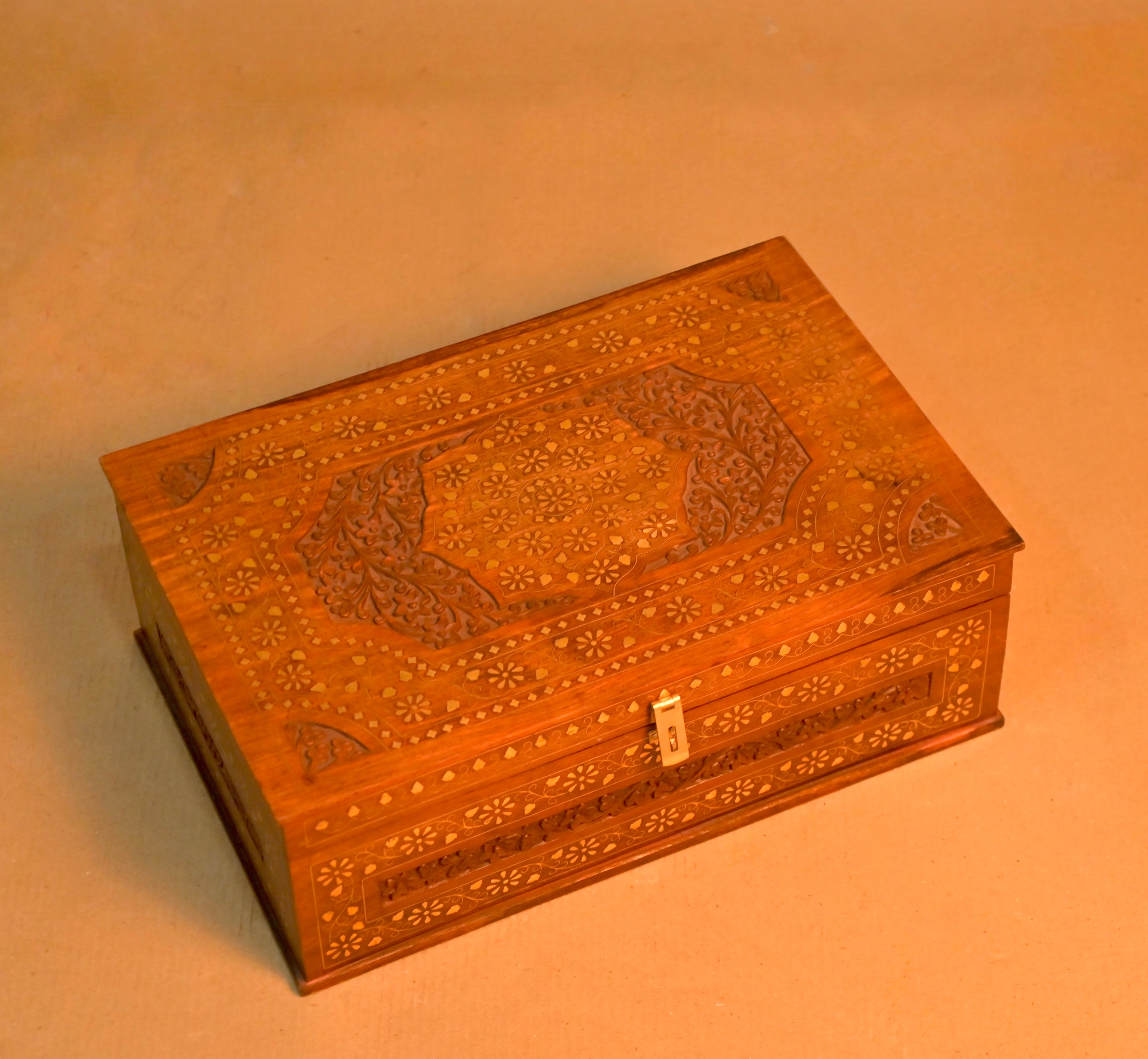 Handcrafted Wooden Jewelry Box with Intricate Carving & Inlay Work