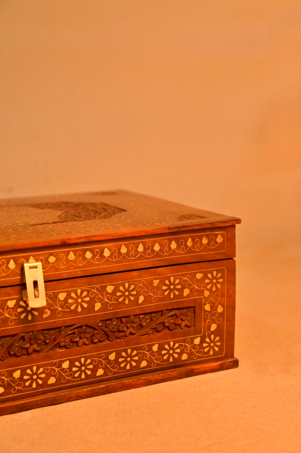 Handcrafted Wooden Jewelry Box with Intricate Carving & Inlay Work