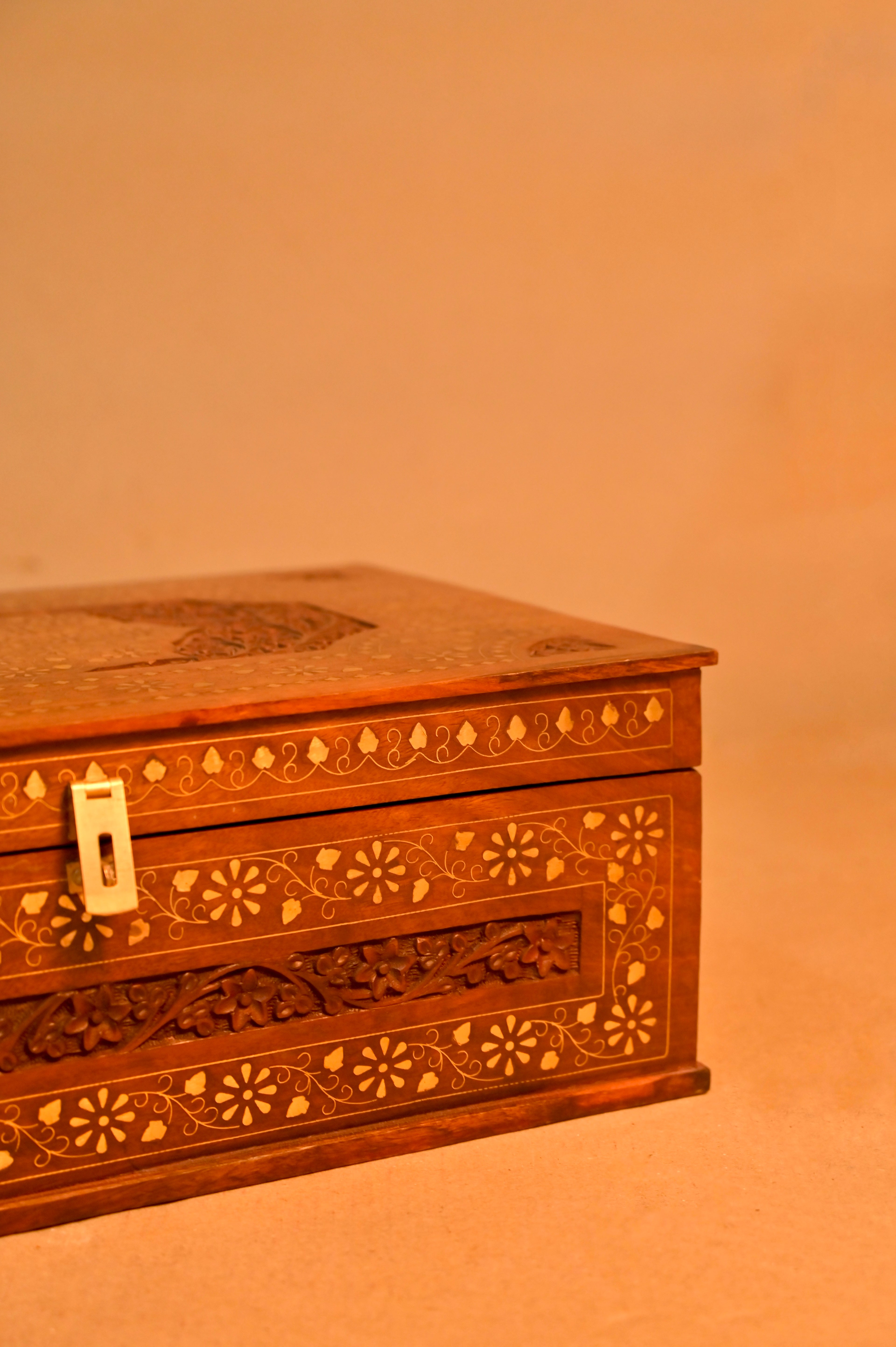 Handcrafted Wooden Jewelry Box with Intricate Carving & Inlay Work