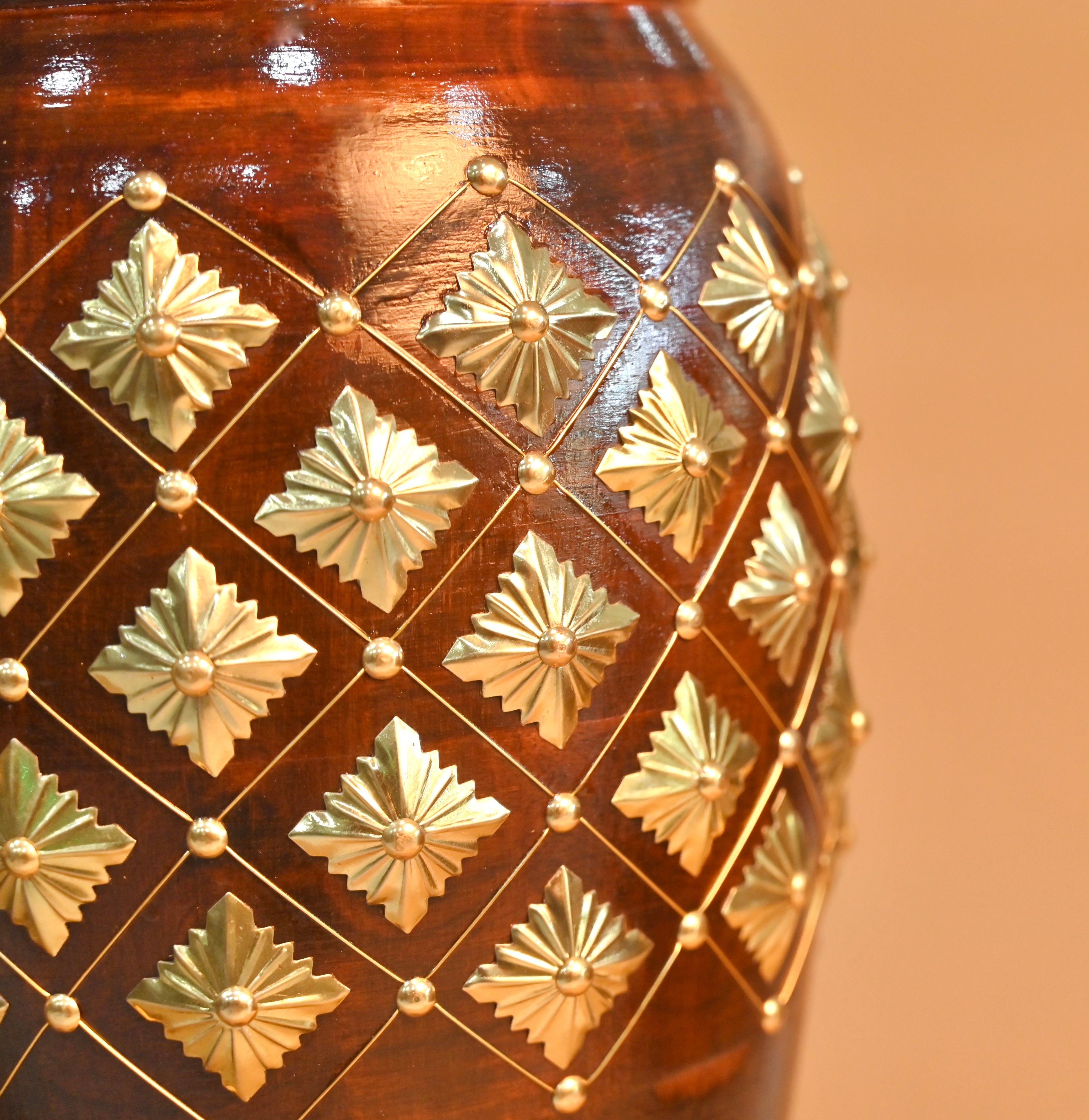 Handcrafted Wooden Floor Vase with Brass Inlay