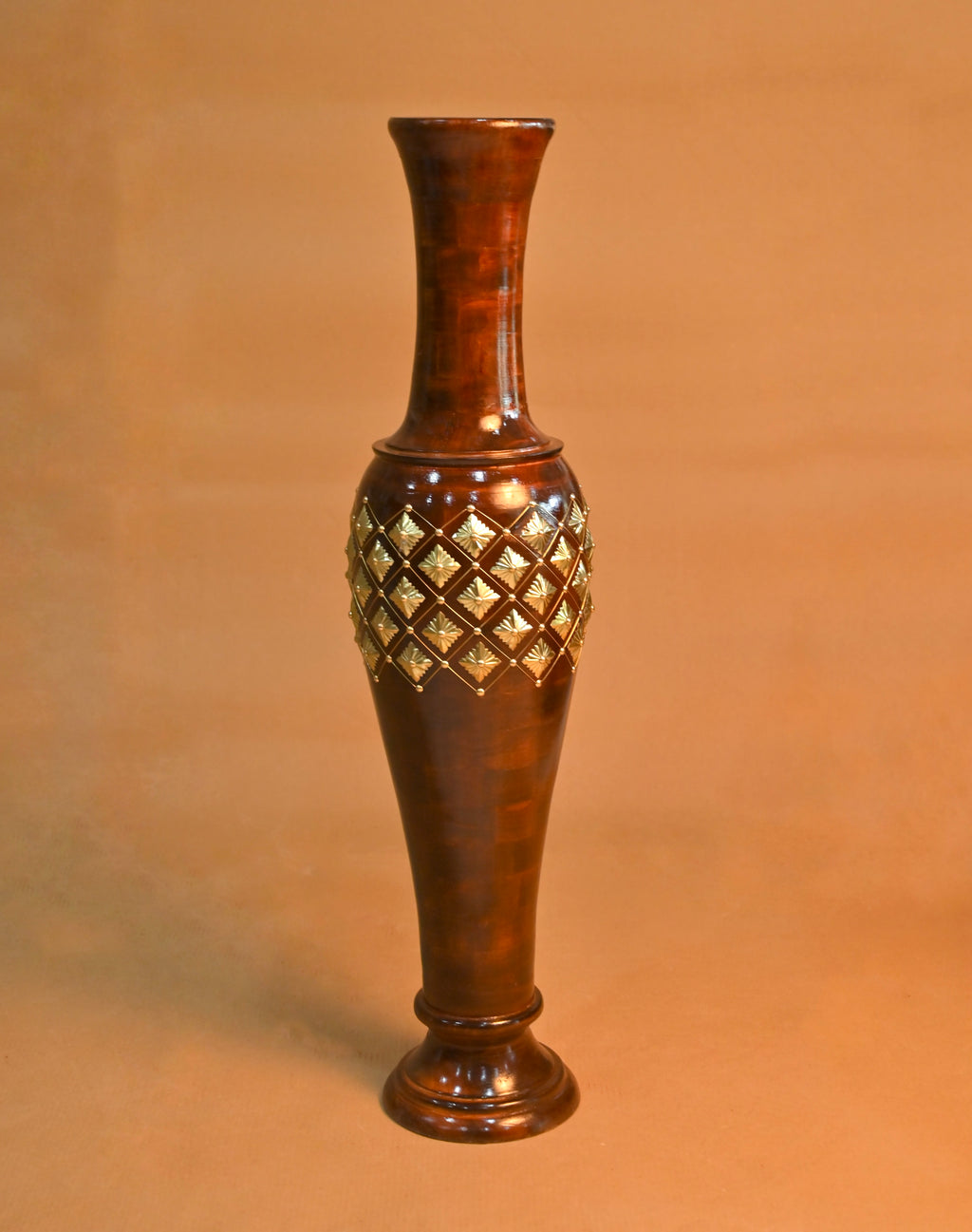 Handcrafted Wooden Floor Vase with Brass Inlay