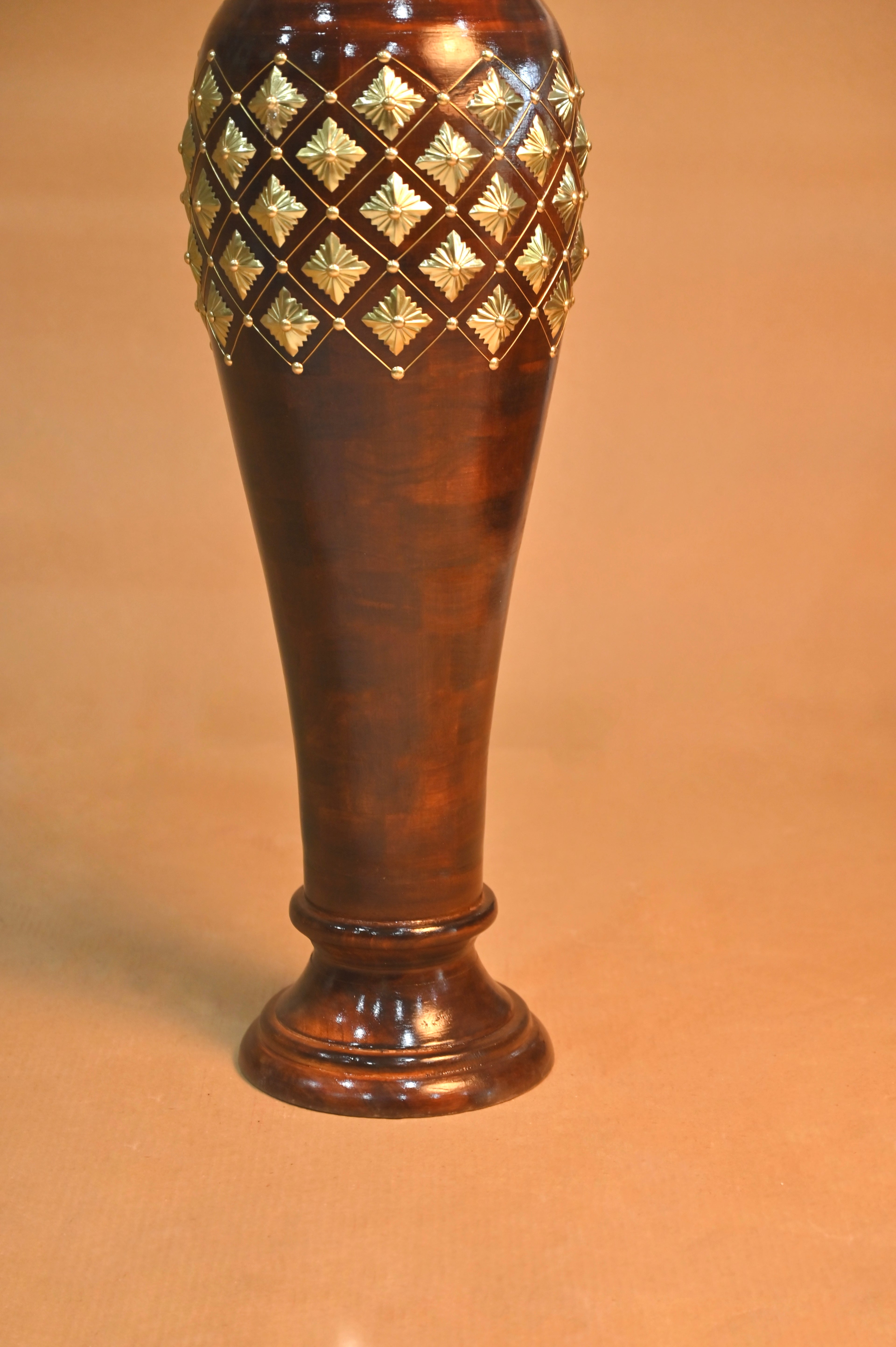 Handcrafted Wooden Floor Vase with Brass Inlay