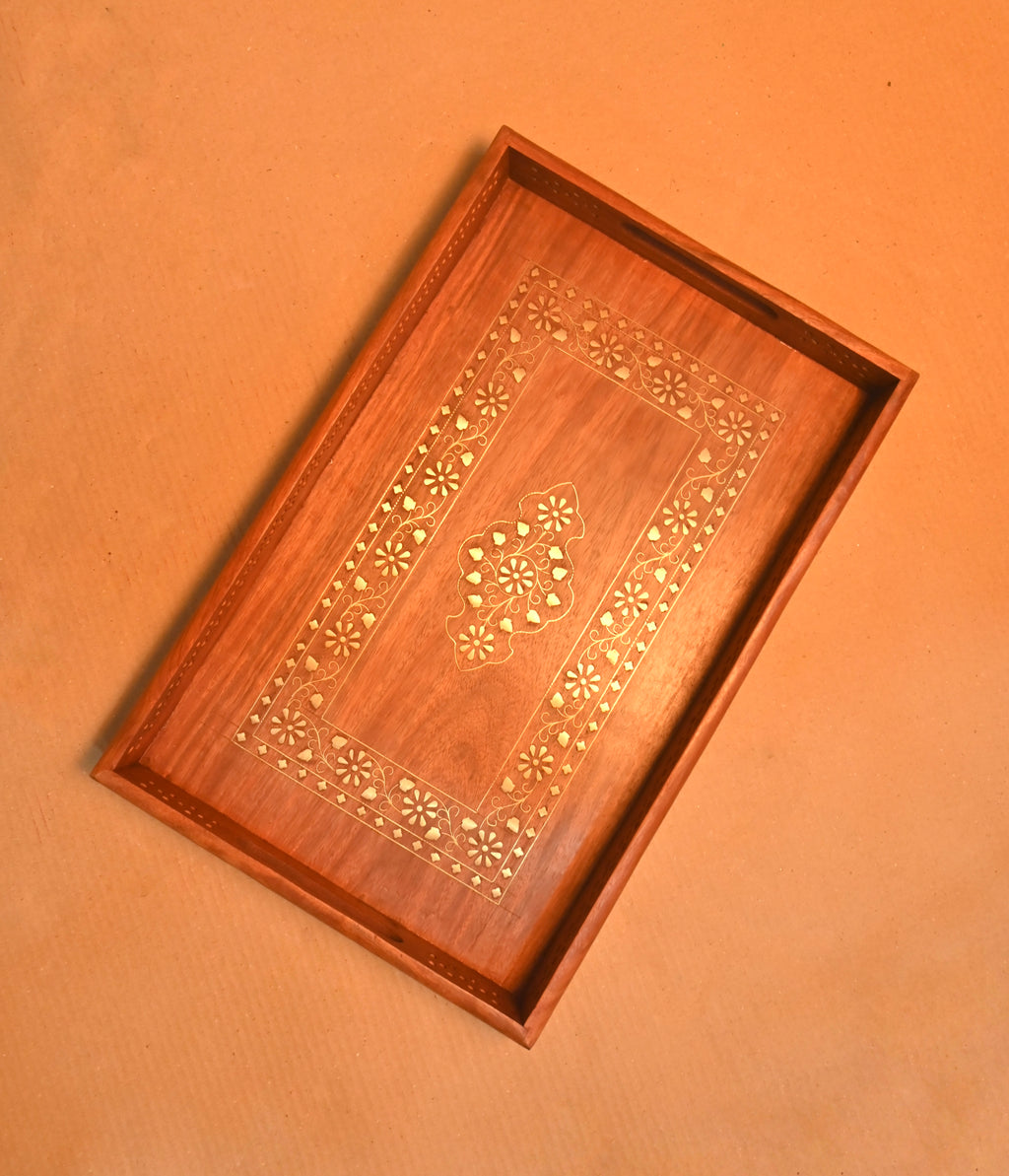 Handcrafted Wooden Serving Tray with Decorative Inlay Work