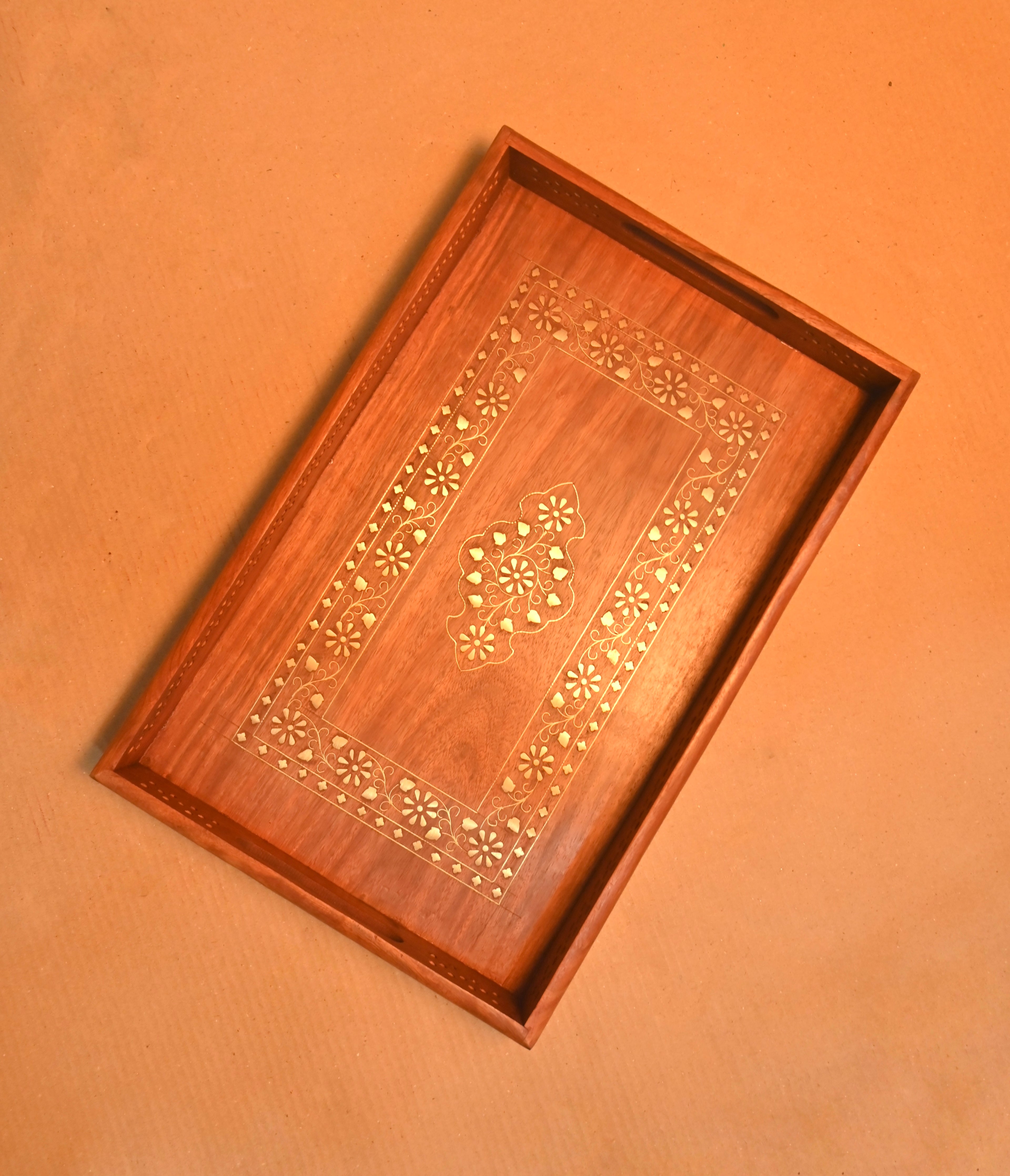 Handcrafted Wooden Serving Tray with Decorative Inlay Work