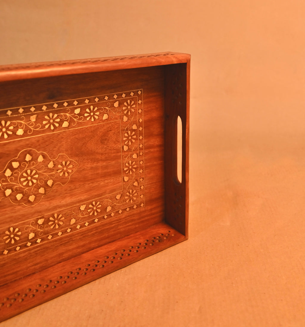 Handcrafted Wooden Serving Tray with Decorative Inlay Work