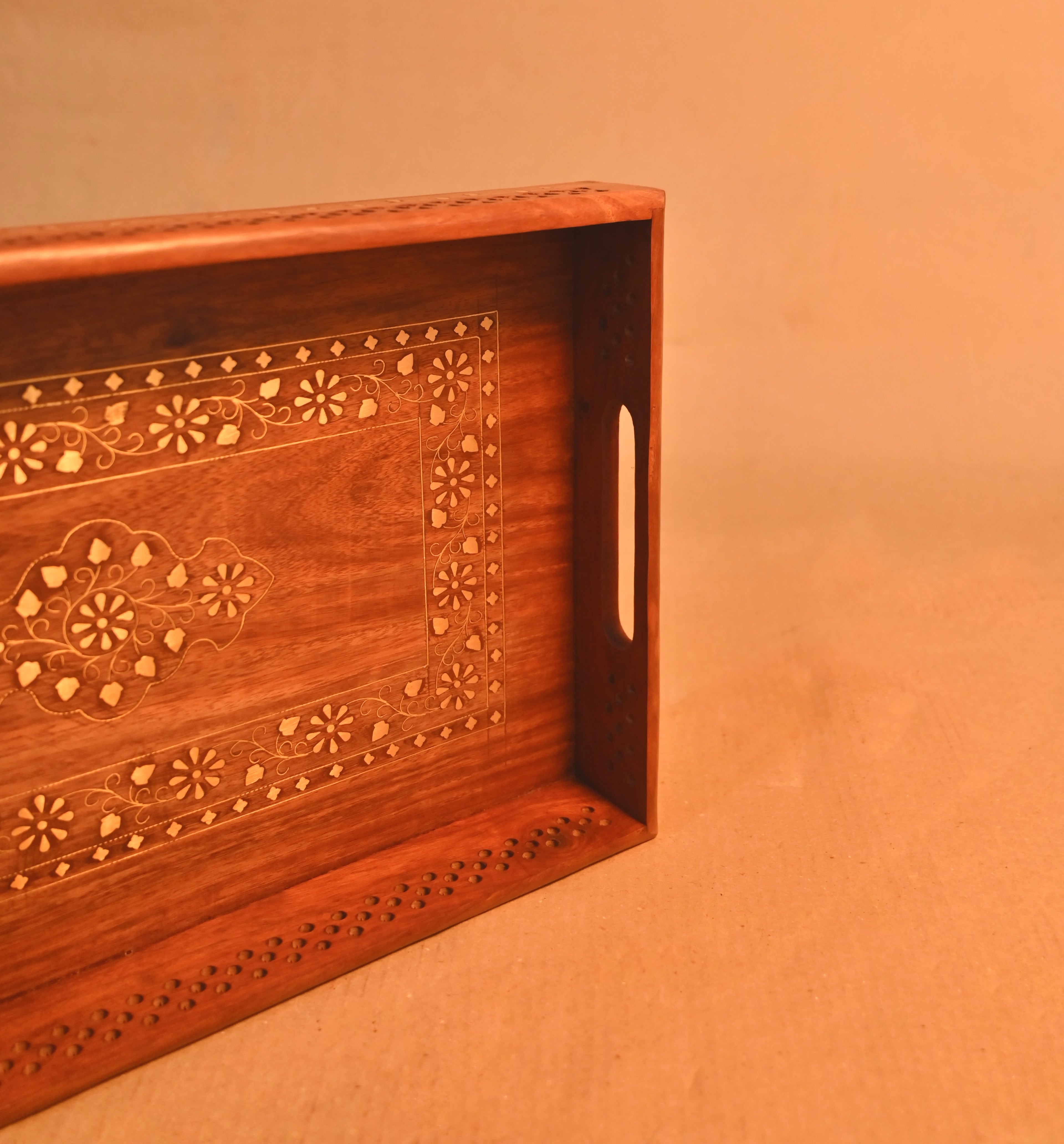 Handcrafted Wooden Serving Tray with Decorative Inlay Work