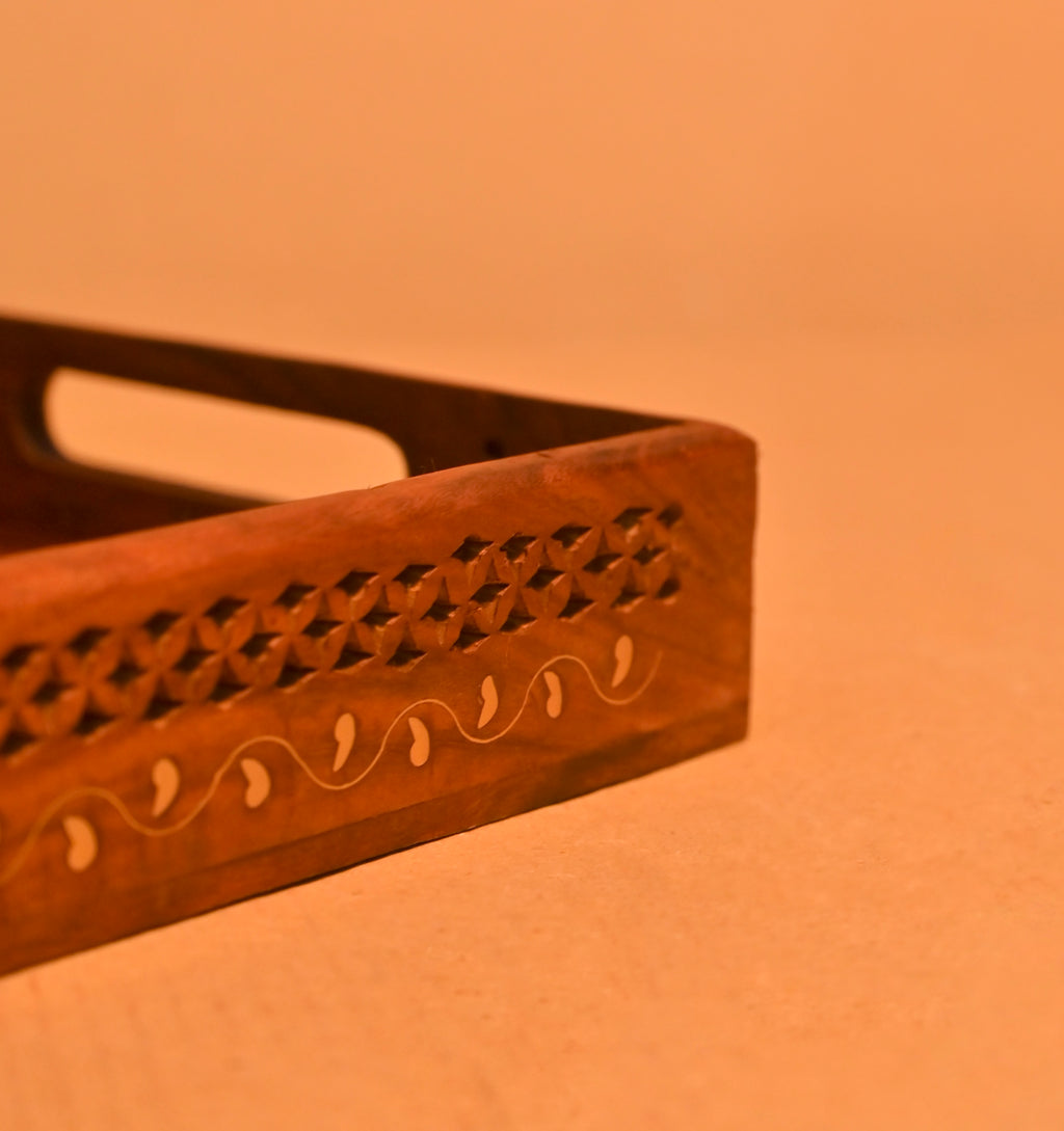 Handcrafted Wooden Serving Tray with Decorative Inlay Work