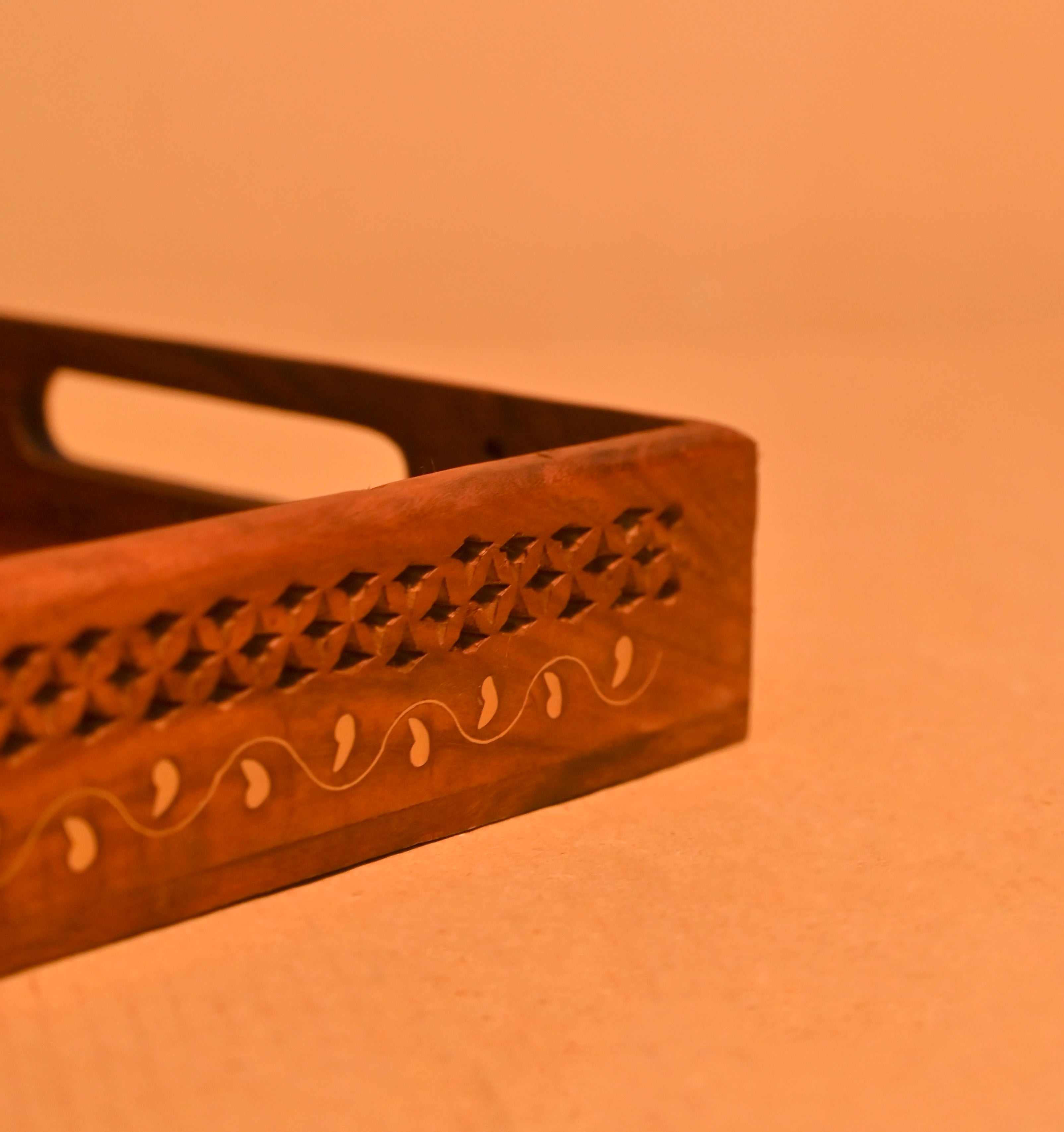 Handcrafted Wooden Serving Tray with Decorative Inlay Work