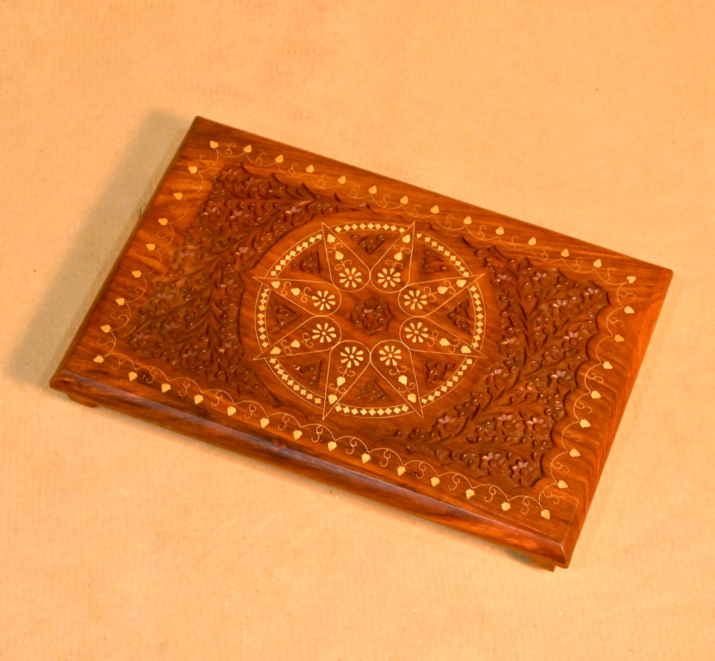 Handcrafted Sheesham Wood Carved Puja Chowki with Inlay Work