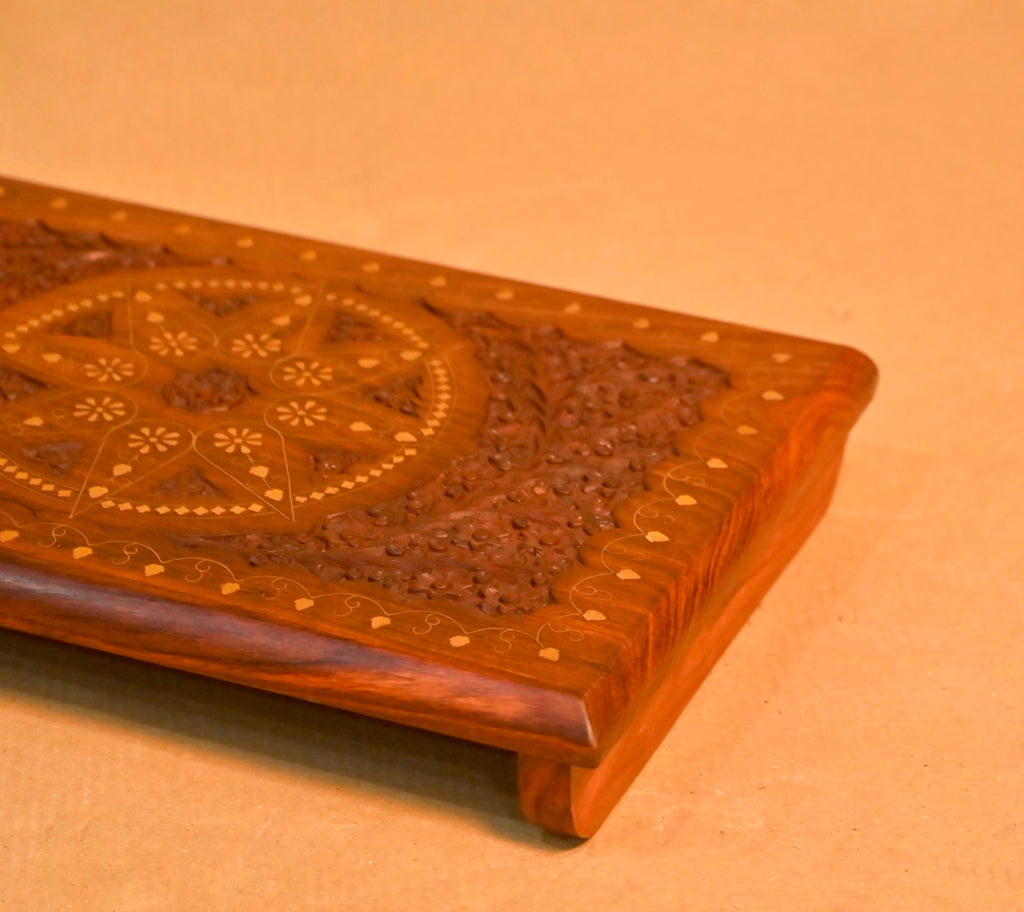 Handcrafted Sheesham Wood Carved Puja Chowki with Inlay Work