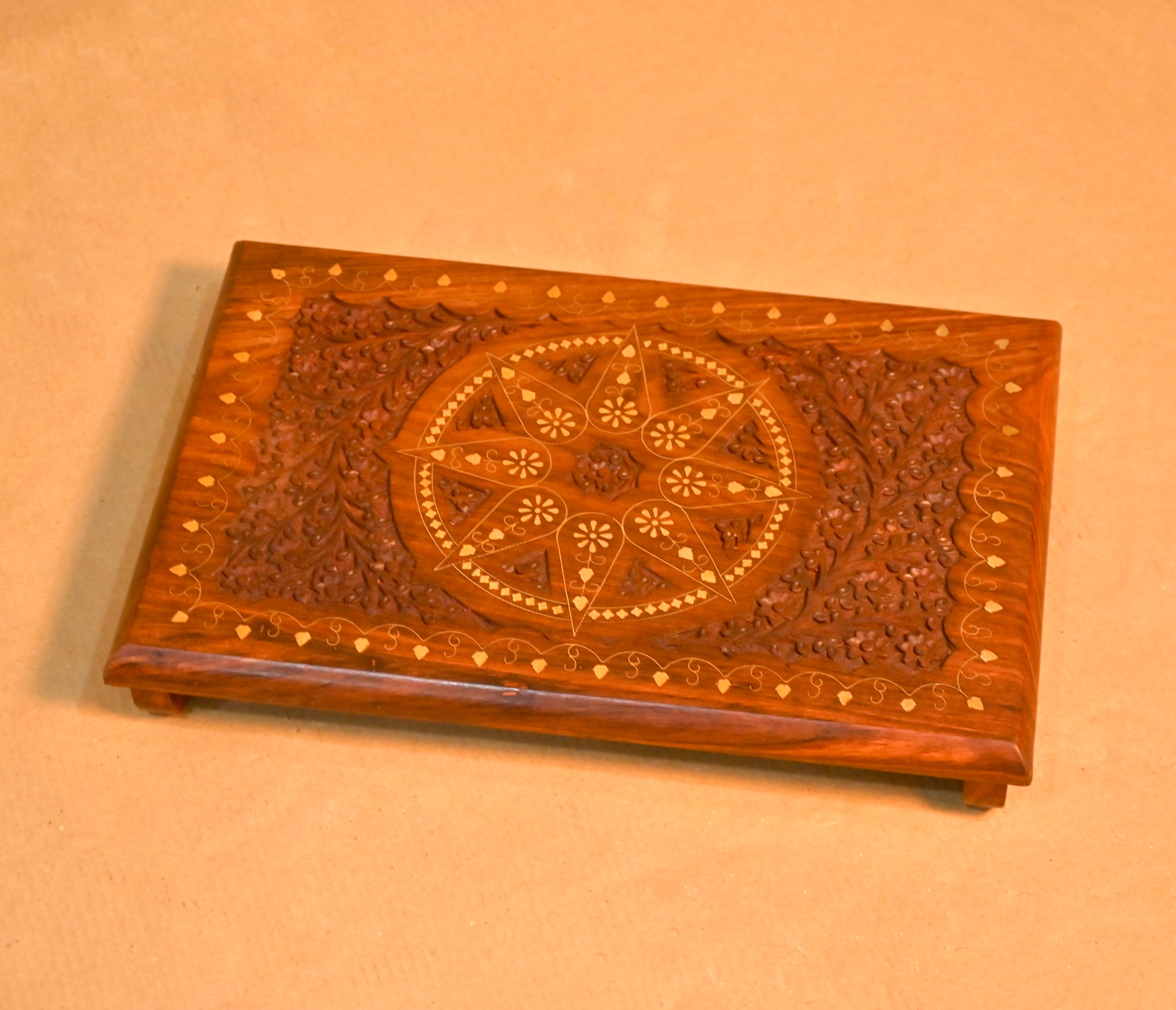 Handcrafted Sheesham Wood Carved Puja Chowki with Inlay Work