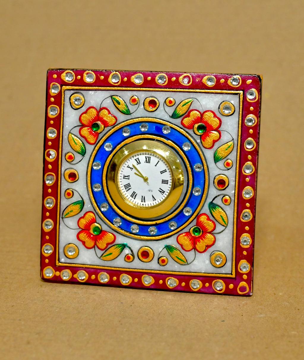 Handcrafted Marble Table Clock with Kundan Art