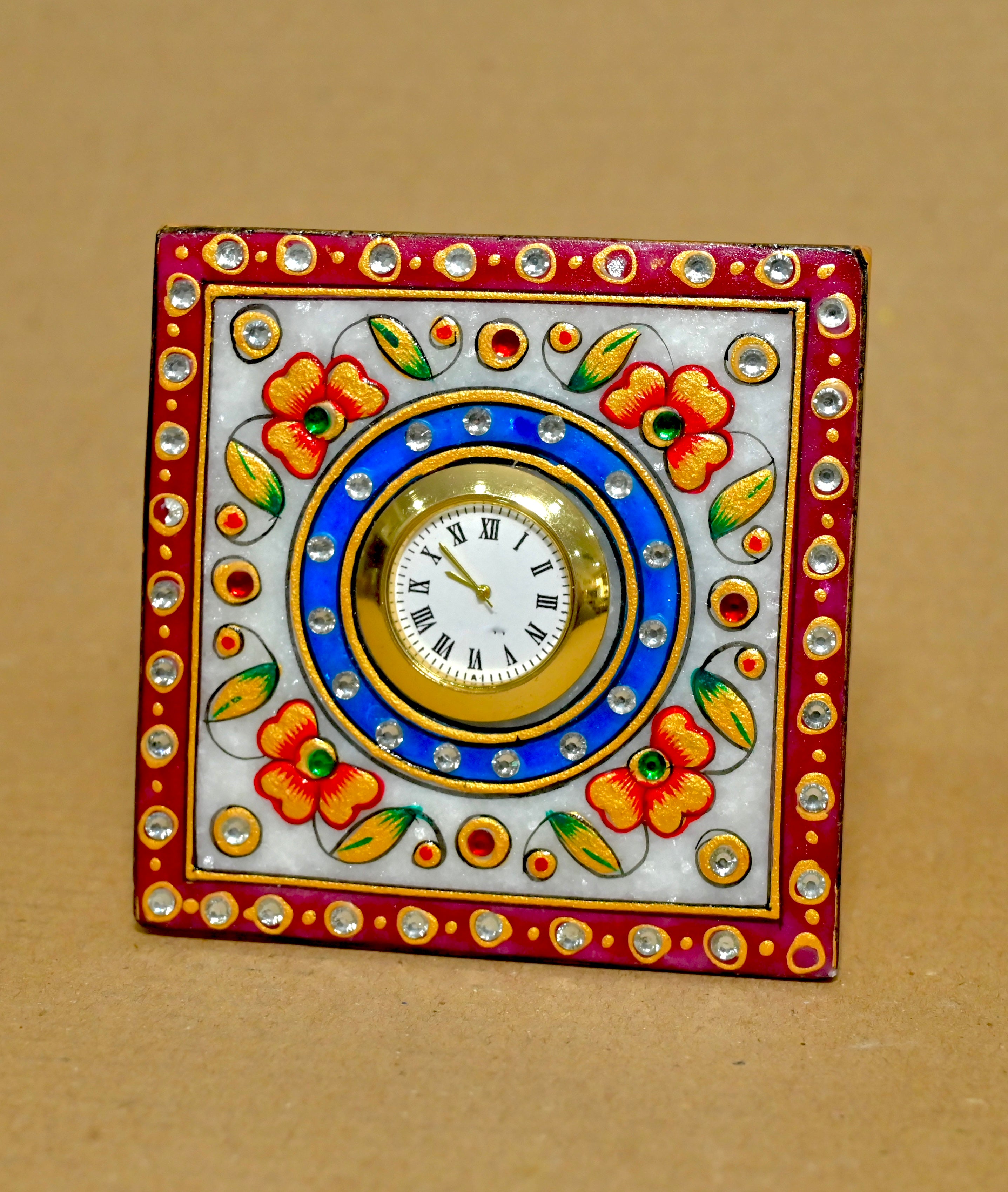 Handcrafted Marble Table Clock with Kundan Art