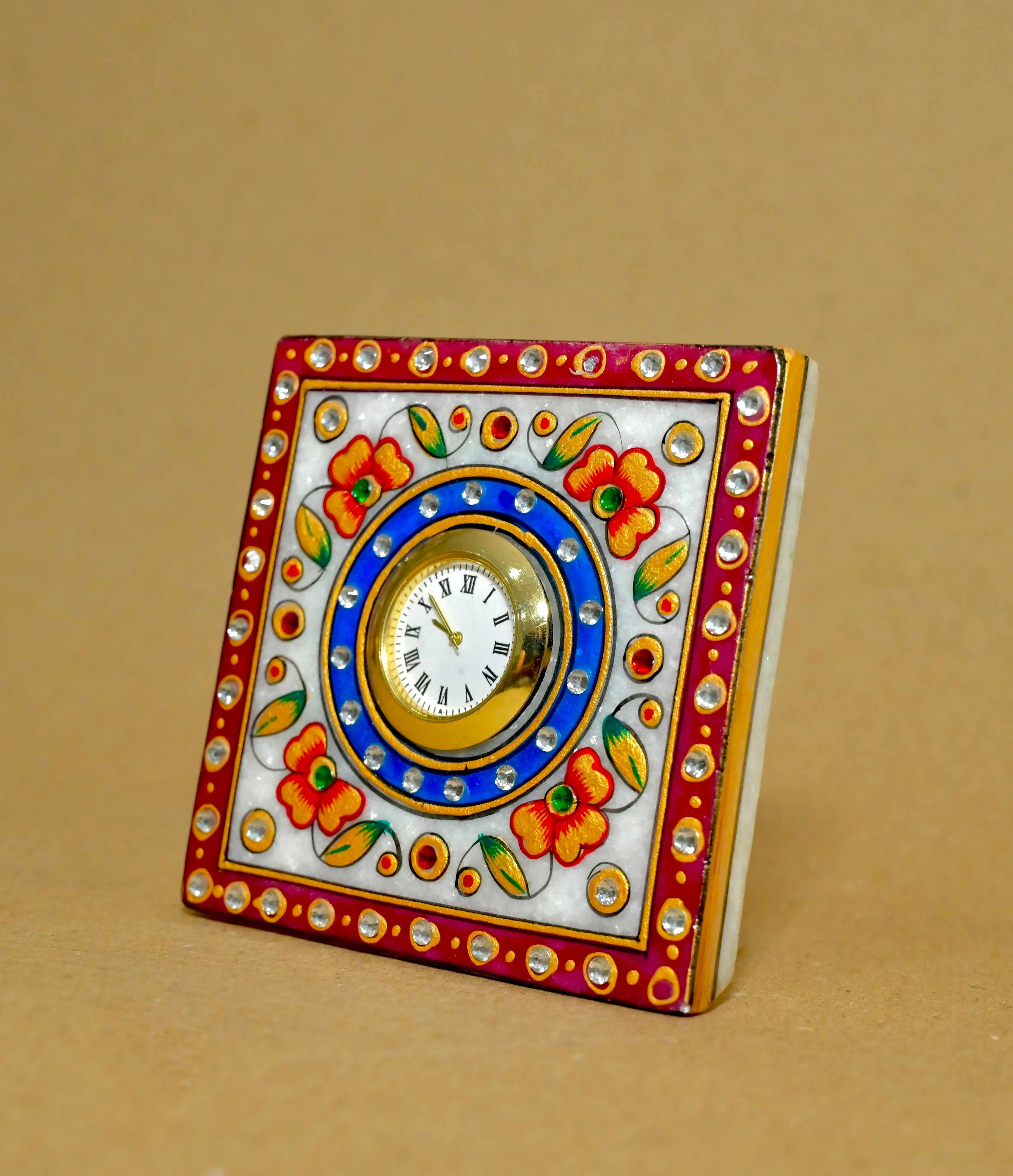 Handcrafted Marble Table Clock with Kundan Art
