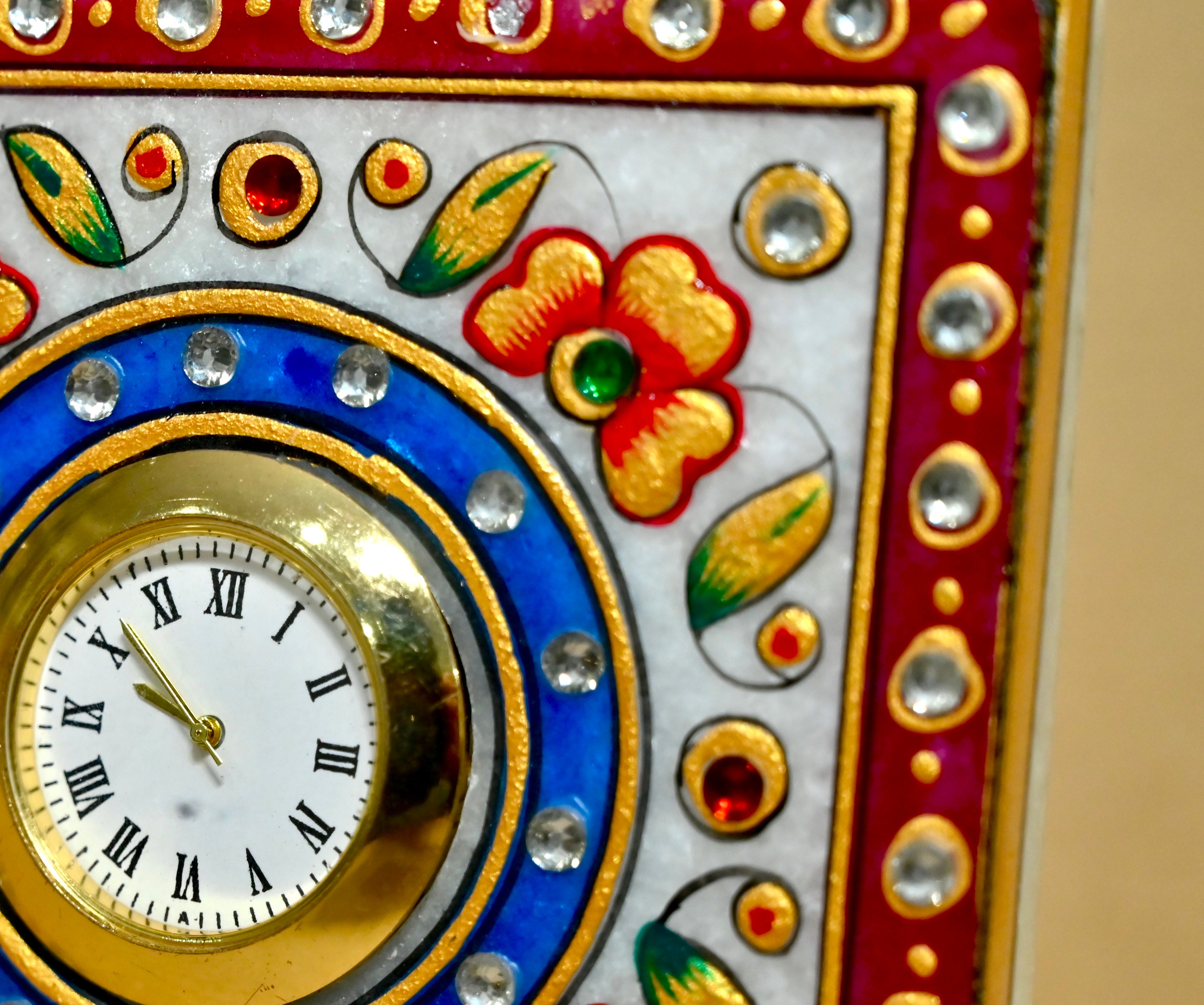 Handcrafted Marble Table Clock with Kundan Art