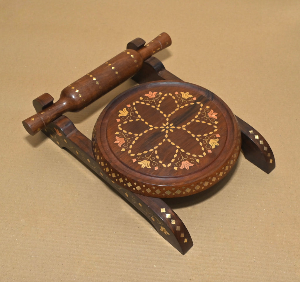 Handcrafted Wooden Chakla Belan Set – Premium Floral Inlay Rolling Board & Rolling Pin
