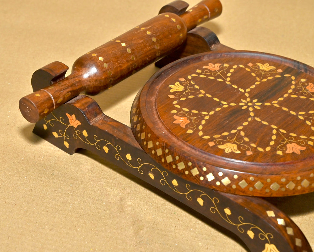 Handcrafted Wooden Chakla Belan Set – Premium Floral Inlay Rolling Board & Rolling Pin